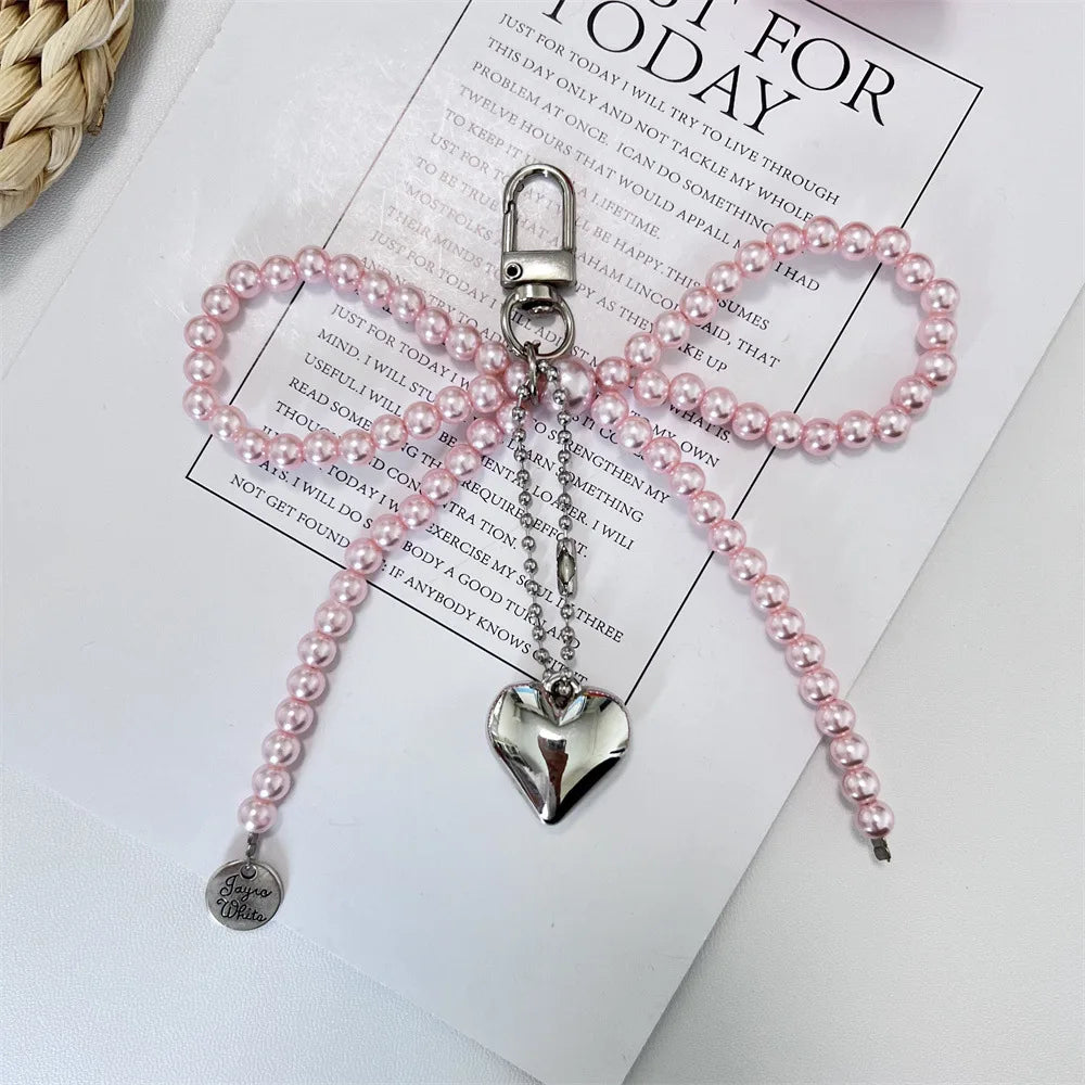Bowknot Heart Bag Pendant Keychain Beaded Keyring White Pearl Bow Keychain Decoration For Bags Phones Car Korean Accessories
