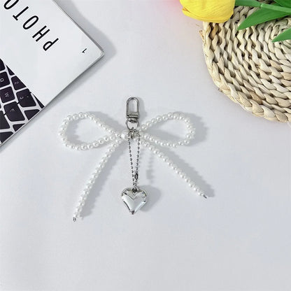 Bowknot Heart Bag Pendant Keychain Beaded Keyring White Pearl Bow Keychain Decoration For Bags Phones Car Korean Accessories