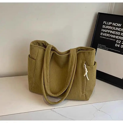 Casual Corduroy Handbag with Zipper Closure Light and Large Capacity Fixed Shoulder Strap Solid Color Daily Commuter Handbag