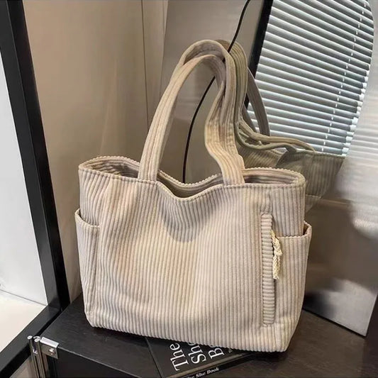 Casual Corduroy Handbag with Zipper Closure Light and Large Capacity Fixed Shoulder Strap Solid Color Daily Commuter Handbag