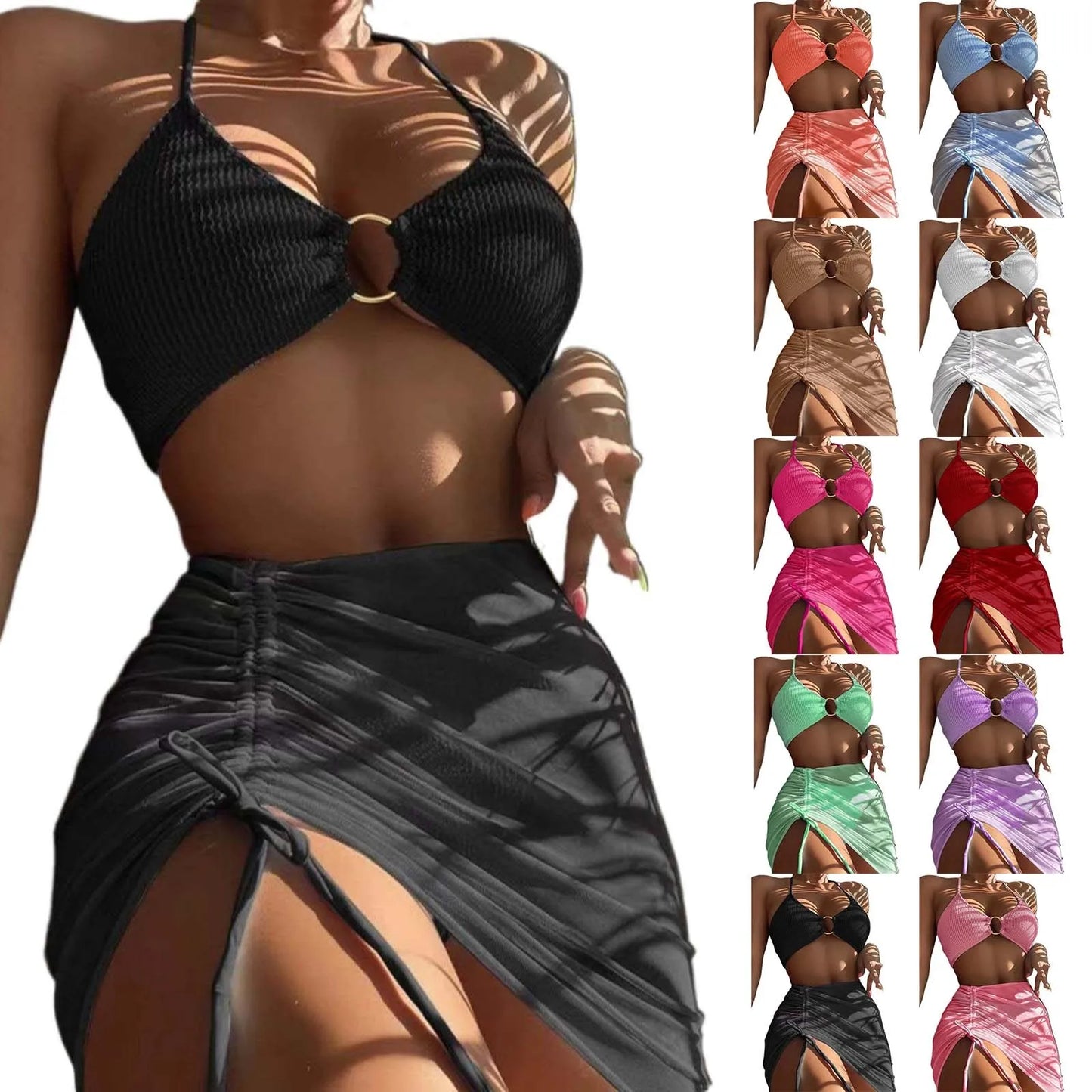 Bikini Women'S Sexy Solid 3 Piece Bathing Suit Seductive Hollow Buckle Biquini With Adjustable Drawstring For Womens купальники