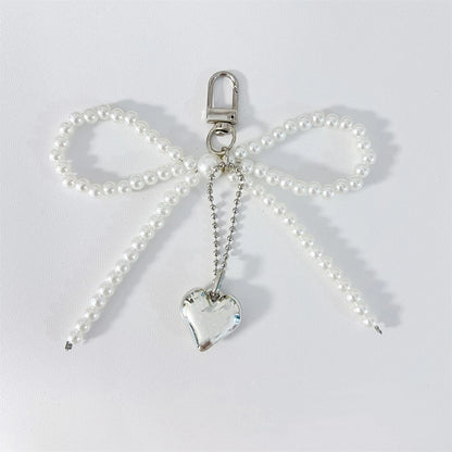 Bowknot Heart Bag Pendant Keychain Beaded Keyring White Pearl Bow Keychain Decoration For Bags Phones Car Korean Accessories