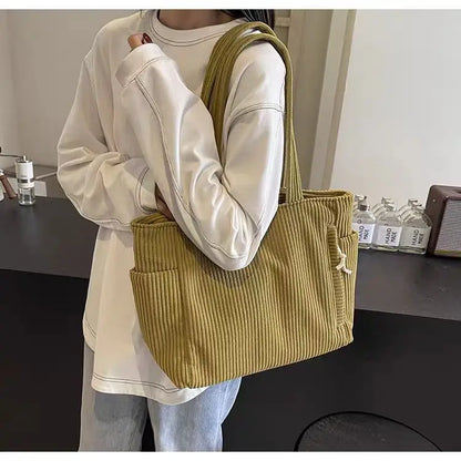 Casual Corduroy Handbag with Zipper Closure Light and Large Capacity Fixed Shoulder Strap Solid Color Daily Commuter Handbag