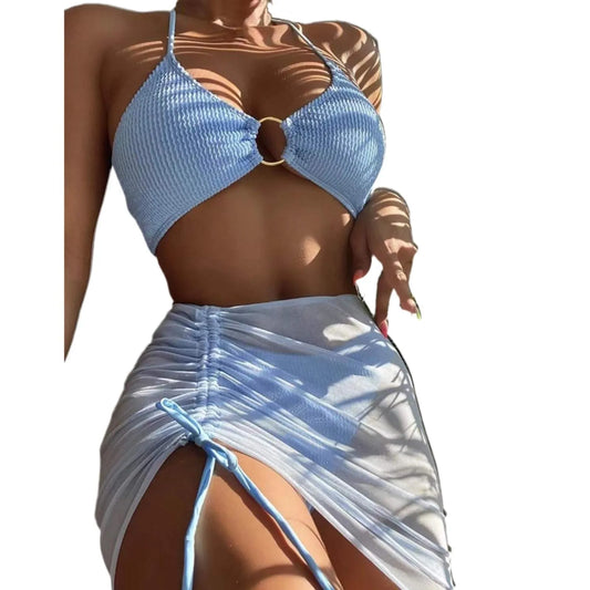 Bikini Women'S Sexy Solid 3 Piece Bathing Suit Seductive Hollow Buckle Biquini With Adjustable Drawstring For Womens купальники