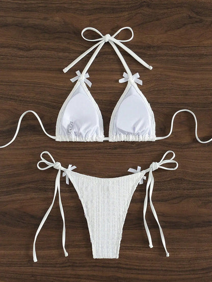 2025 New Solid Color White 2 Piece Swimsuit Sexy Bow Triangle Halter Backless
