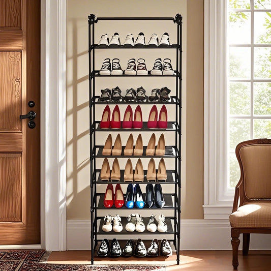 10 Tier Stackable Shoe Rack Storage Shelves - Stainless Steel Frame Holds 50 Pairs Of Shoes