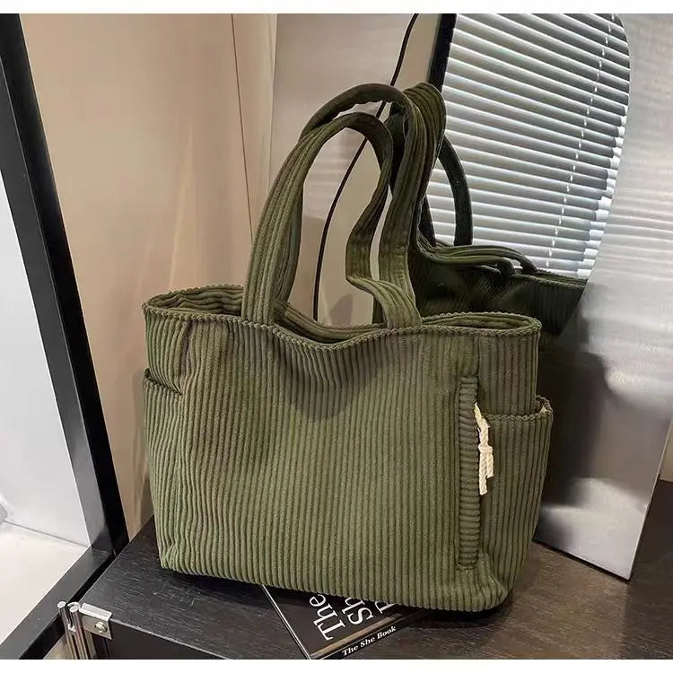 Casual Corduroy Handbag with Zipper Closure Light and Large Capacity Fixed Shoulder Strap Solid Color Daily Commuter Handbag