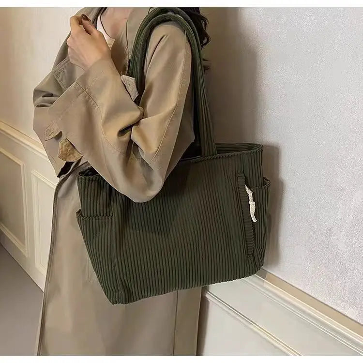 Casual Corduroy Handbag with Zipper Closure Light and Large Capacity Fixed Shoulder Strap Solid Color Daily Commuter Handbag