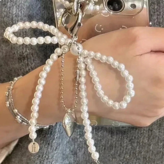 Bowknot Heart Bag Pendant Keychain Beaded Keyring White Pearl Bow Keychain Decoration For Bags Phones Car Korean Accessories