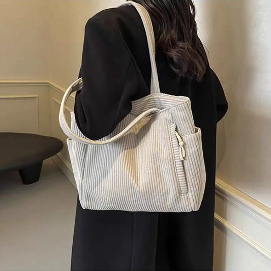 Casual Corduroy Handbag with Zipper Closure Light and Large Capacity Fixed Shoulder Strap Solid Color Daily Commuter Handbag
