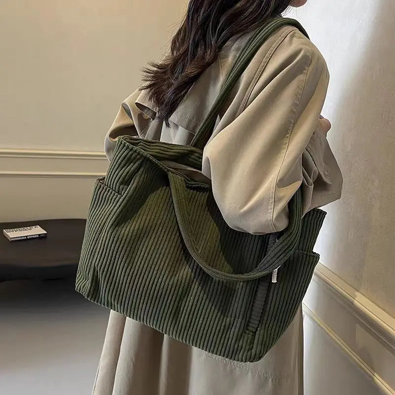 Casual Corduroy Handbag with Zipper Closure Light and Large Capacity Fixed Shoulder Strap Solid Color Daily Commuter Handbag