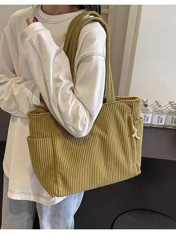 Casual Corduroy Handbag with Zipper Closure Light and Large Capacity Fixed Shoulder Strap Solid Color Daily Commuter Handbag