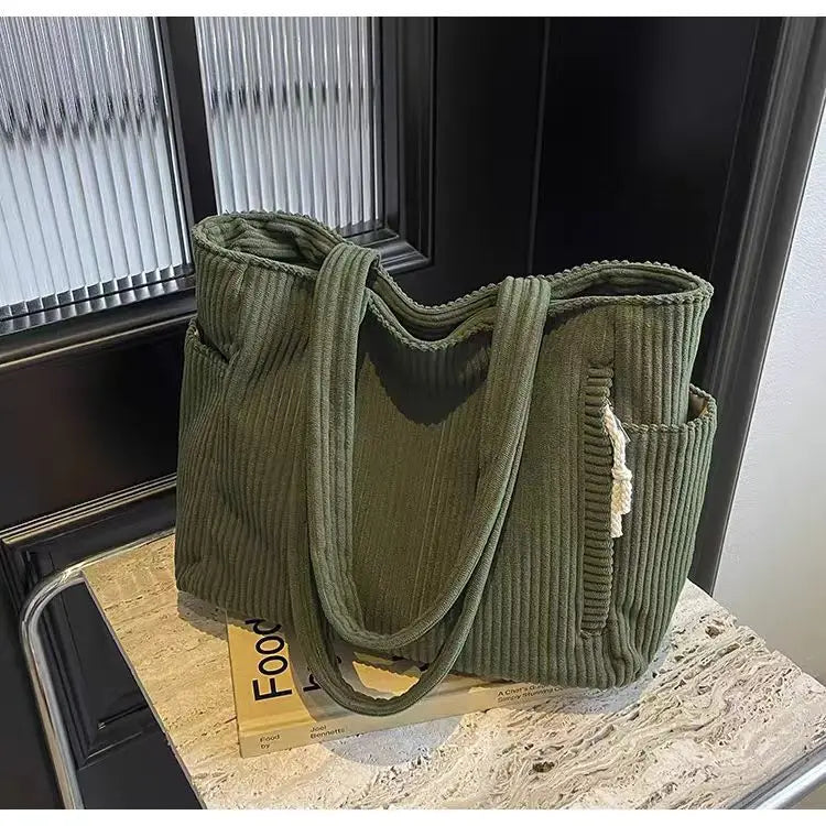 Casual Corduroy Handbag with Zipper Closure Light and Large Capacity Fixed Shoulder Strap Solid Color Daily Commuter Handbag