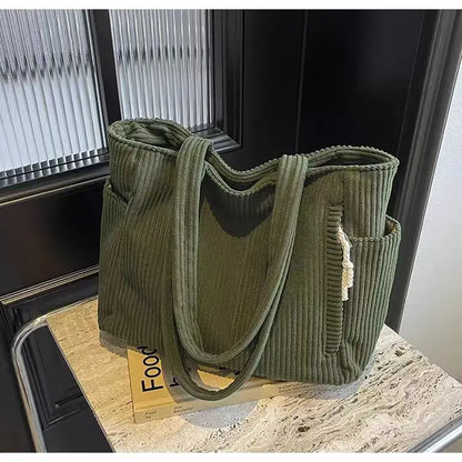 Casual Corduroy Handbag with Zipper Closure Light and Large Capacity Fixed Shoulder Strap Solid Color Daily Commuter Handbag