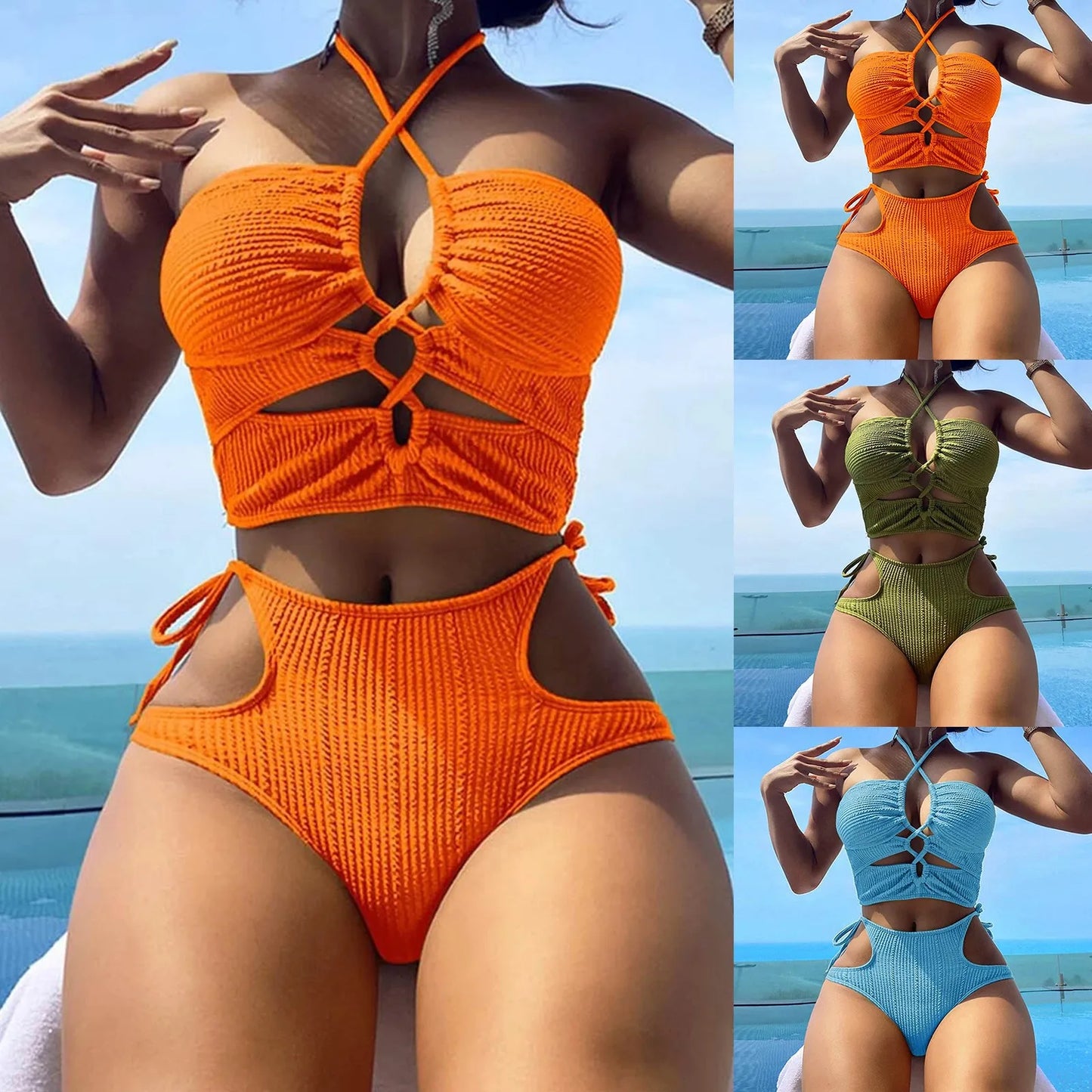 Sexy Draw Rope Chest Split Bikini Suits Halter Solid Color Pit Strip High Waist Drawstring Two Pieces Bikini Summer Swimsuit