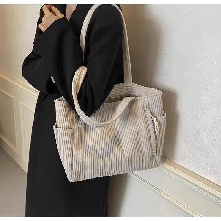 Casual Corduroy Handbag with Zipper Closure Light and Large Capacity Fixed Shoulder Strap Solid Color Daily Commuter Handbag