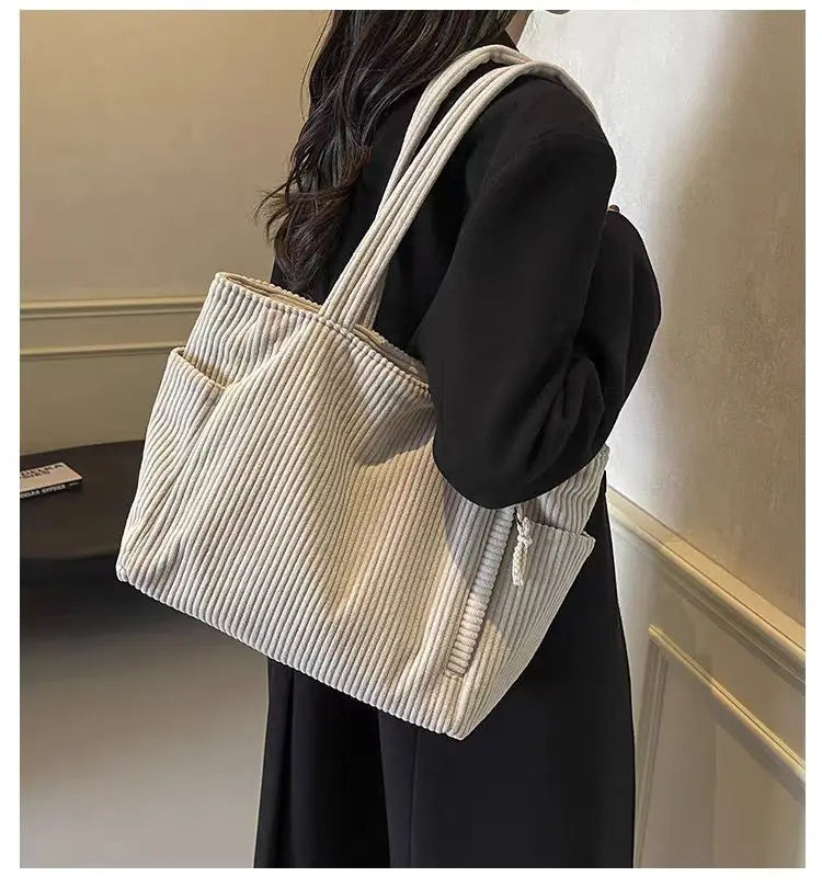 Casual Corduroy Handbag with Zipper Closure Light and Large Capacity Fixed Shoulder Strap Solid Color Daily Commuter Handbag