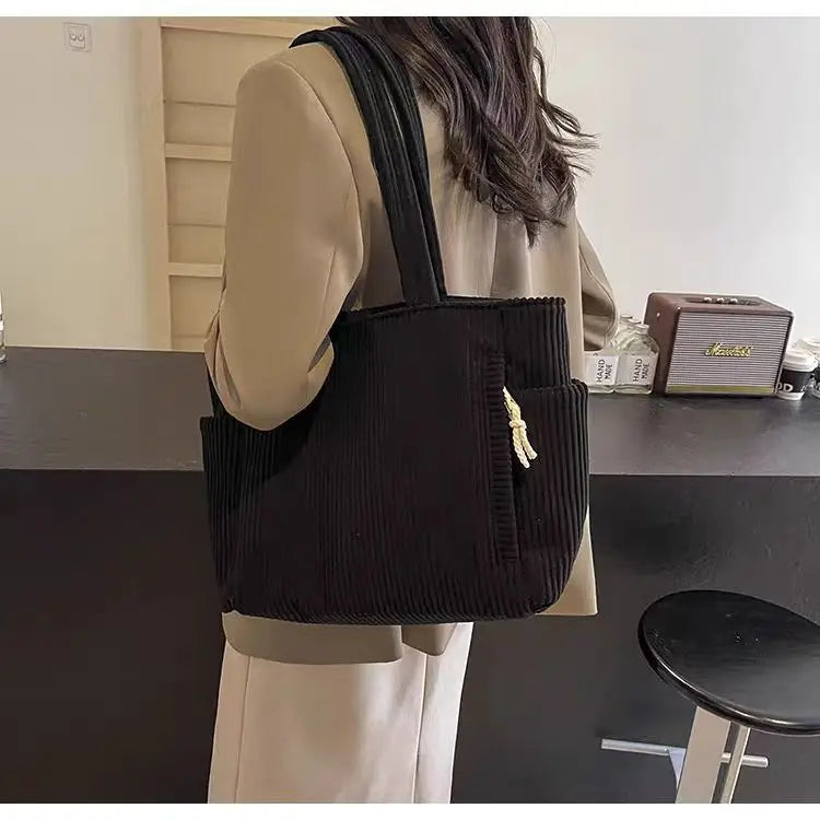 Casual Corduroy Handbag with Zipper Closure Light and Large Capacity Fixed Shoulder Strap Solid Color Daily Commuter Handbag