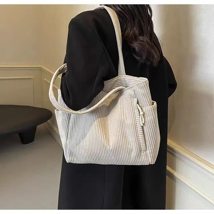 Casual Corduroy Handbag with Zipper Closure Light and Large Capacity Fixed Shoulder Strap Solid Color Daily Commuter Handbag