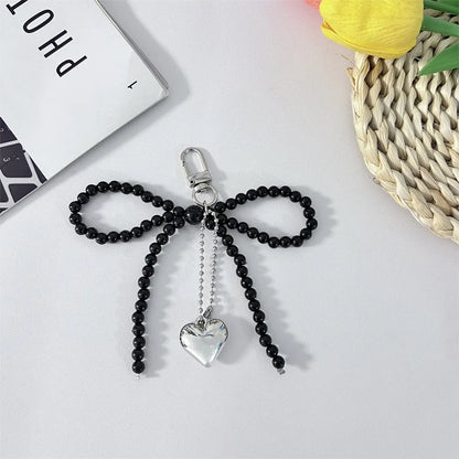 Bowknot Heart Bag Pendant Keychain Beaded Keyring White Pearl Bow Keychain Decoration For Bags Phones Car Korean Accessories