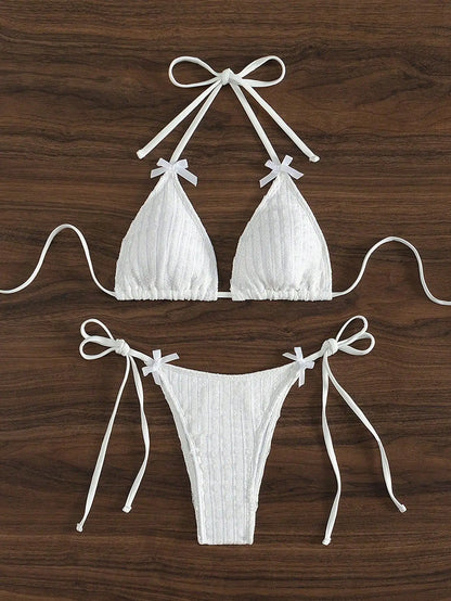 2025 New Solid Color White 2 Piece Swimsuit Sexy Bow Triangle Halter Backless