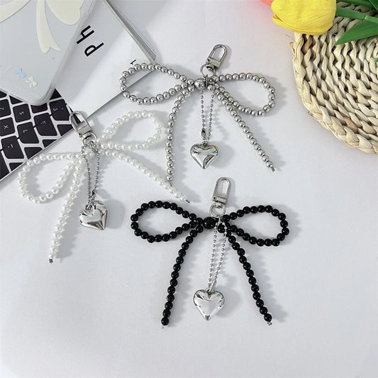 Bowknot Heart Bag Pendant Keychain Beaded Keyring White Pearl Bow Keychain Decoration For Bags Phones Car Korean Accessories