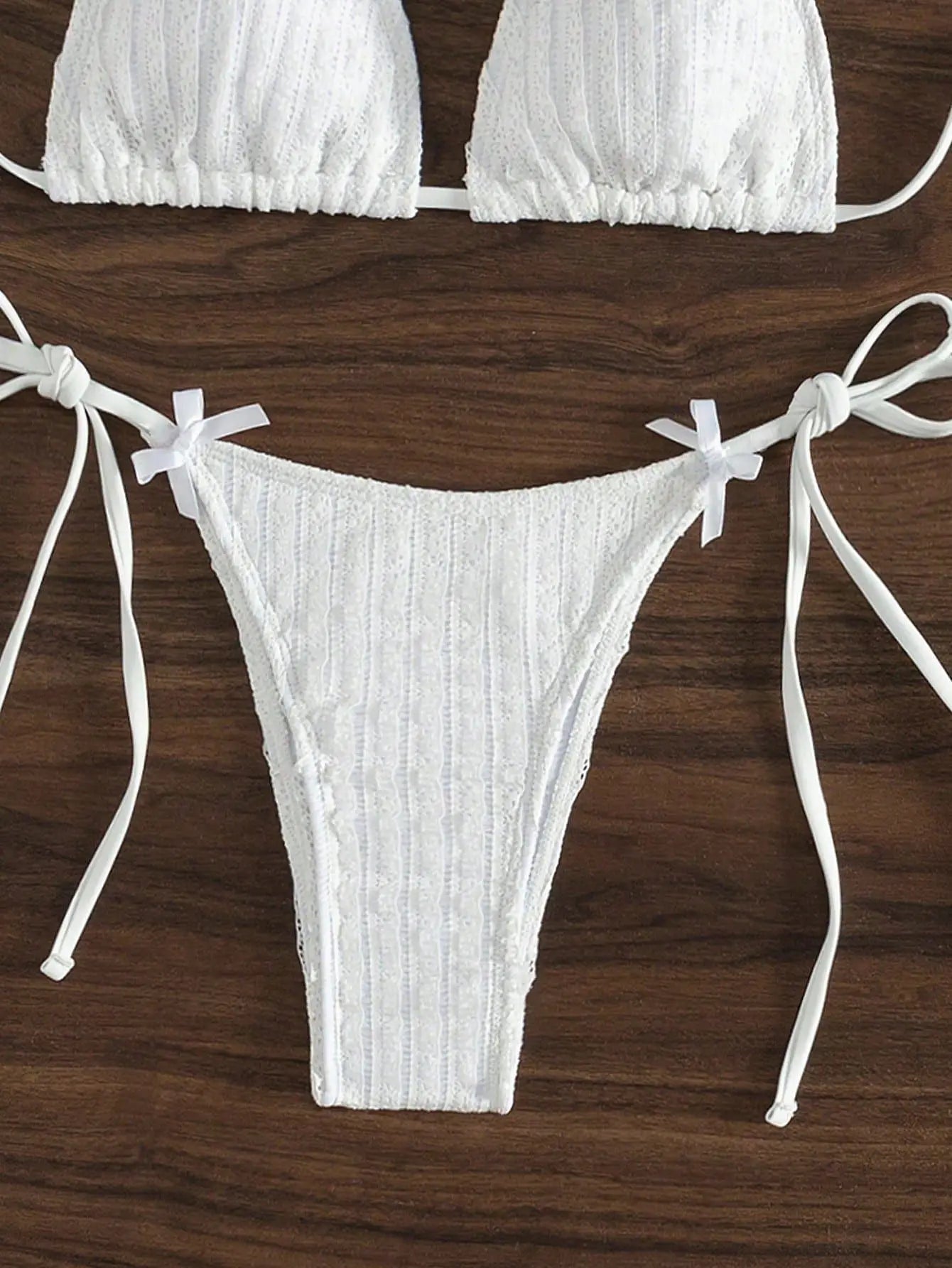2025 New Solid Color White 2 Piece Swimsuit Sexy Bow Triangle Halter Backless