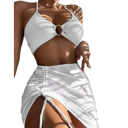 Bikini Women'S Sexy Solid 3 Piece Bathing Suit Seductive Hollow Buckle Biquini With Adjustable Drawstring For Womens купальники