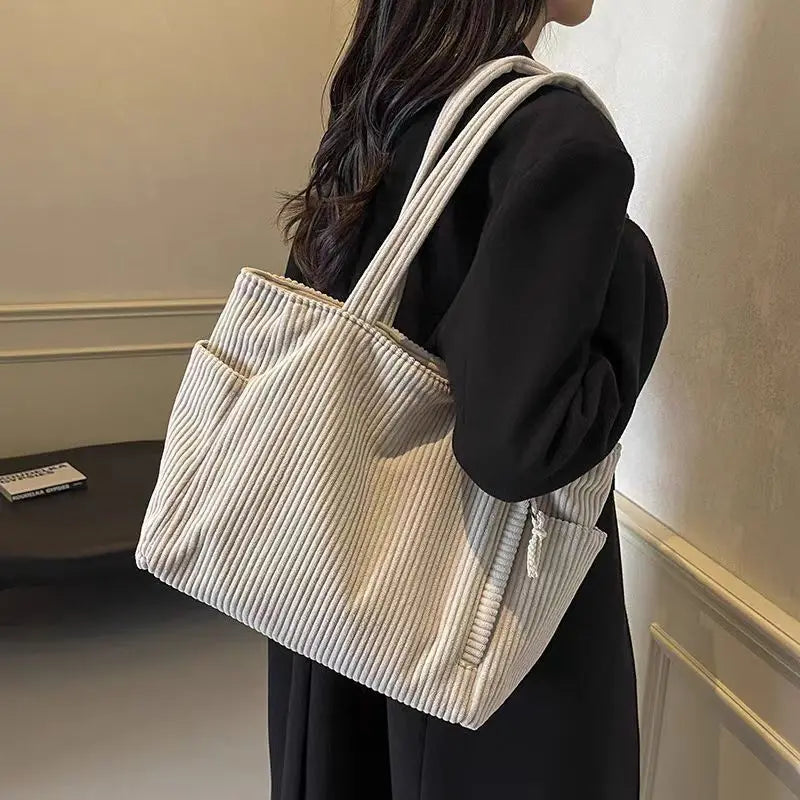 Casual Corduroy Handbag with Zipper Closure Light and Large Capacity Fixed Shoulder Strap Solid Color Daily Commuter Handbag