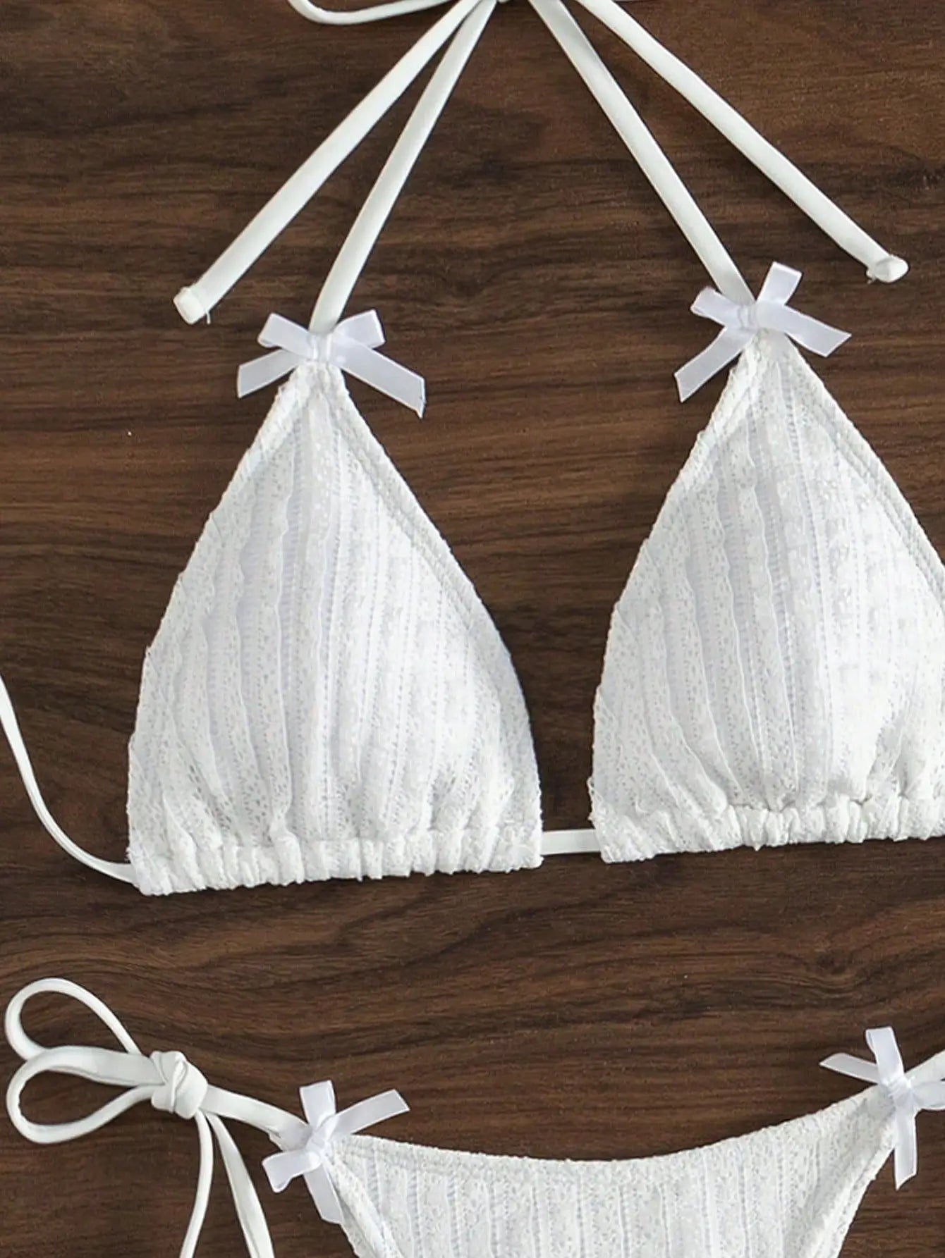 2025 New Solid Color White 2 Piece Swimsuit Sexy Bow Triangle Halter Backless