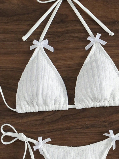 2025 New Solid Color White 2 Piece Swimsuit Sexy Bow Triangle Halter Backless