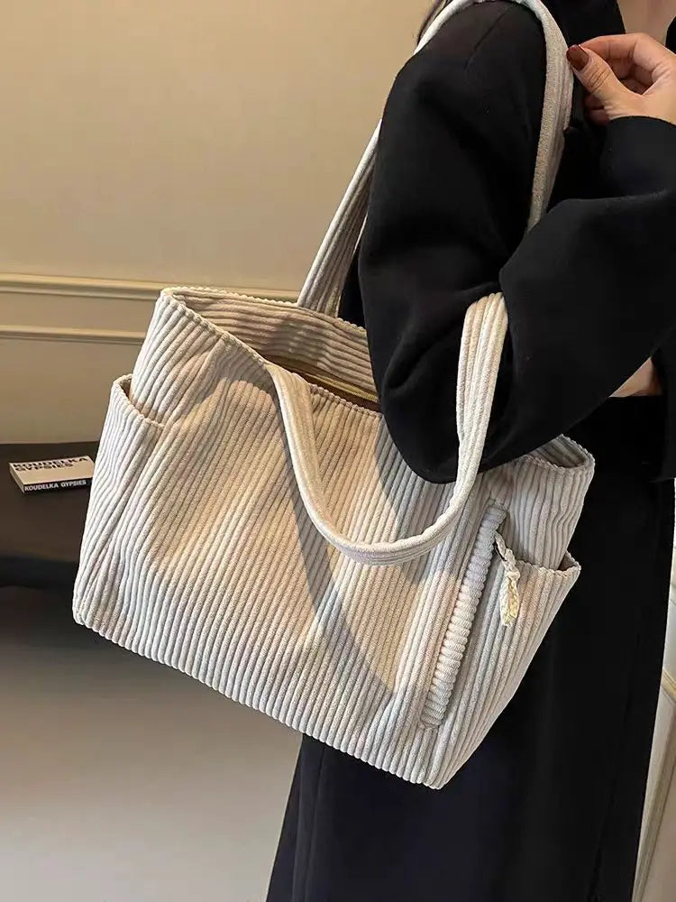 Casual Corduroy Handbag with Zipper Closure Light and Large Capacity Fixed Shoulder Strap Solid Color Daily Commuter Handbag