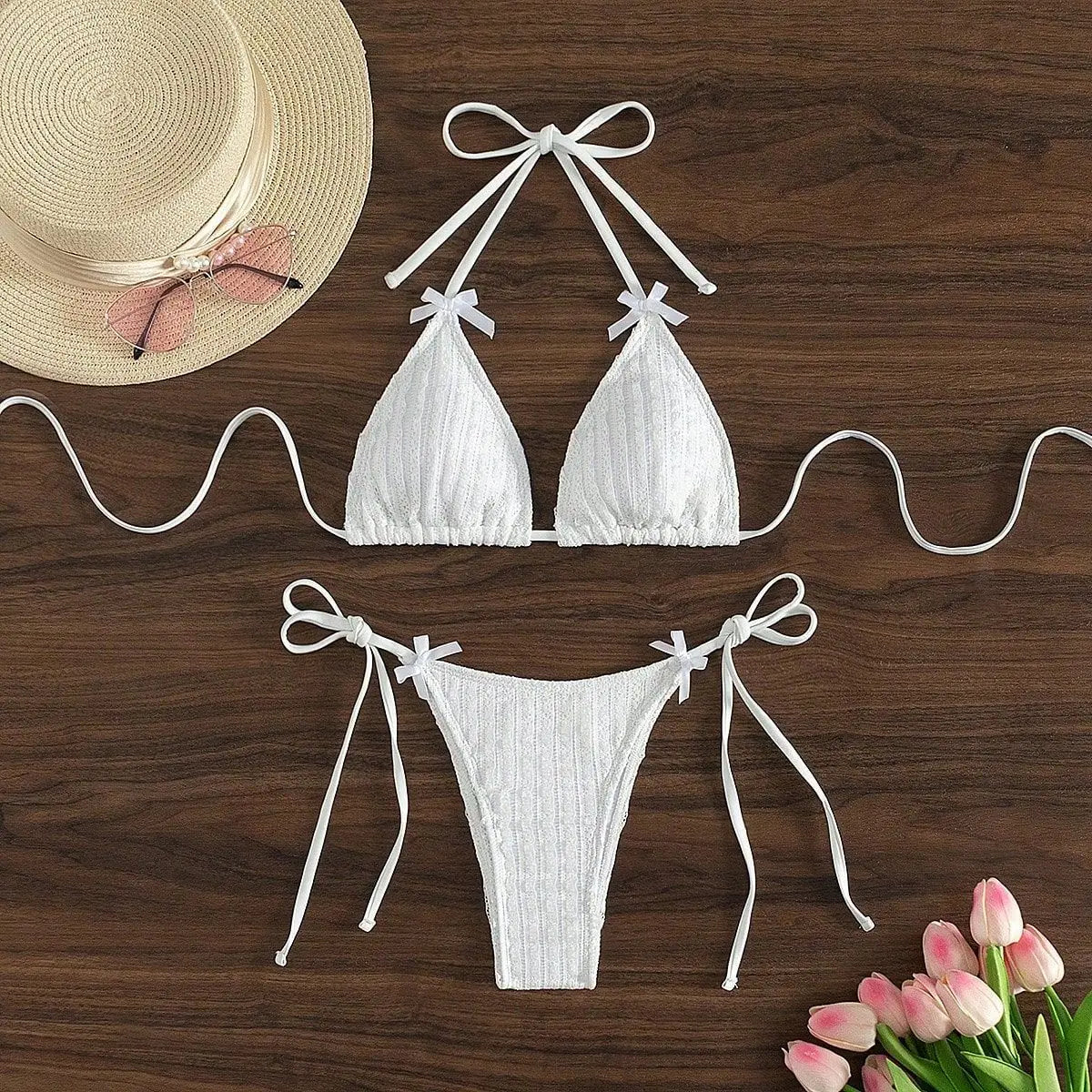 2025 New Solid Color White 2 Piece Swimsuit Sexy Bow Triangle Halter Backless