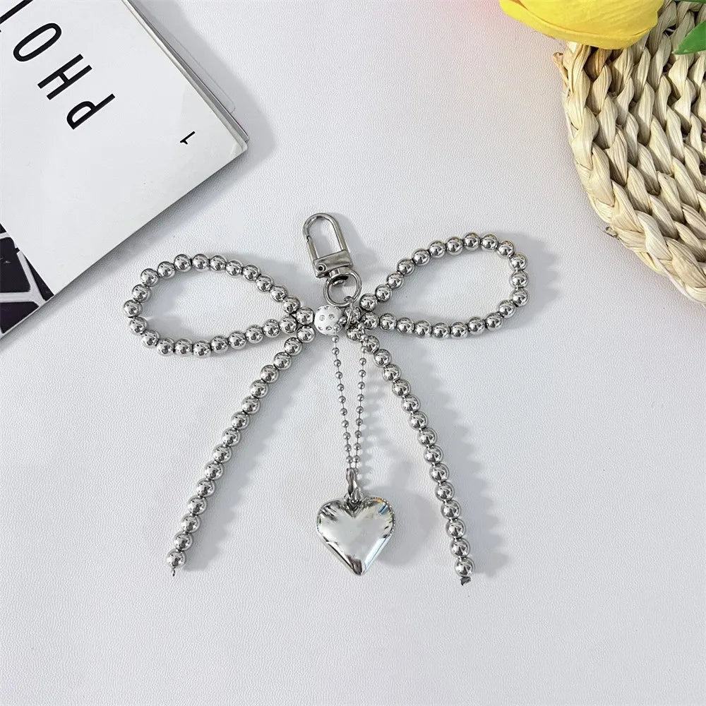 Bowknot Heart Bag Pendant Keychain Beaded Keyring White Pearl Bow Keychain Decoration For Bags Phones Car Korean Accessories