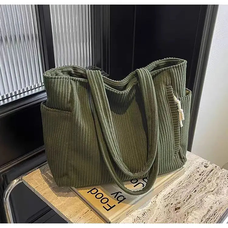 Casual Corduroy Handbag with Zipper Closure Light and Large Capacity Fixed Shoulder Strap Solid Color Daily Commuter Handbag