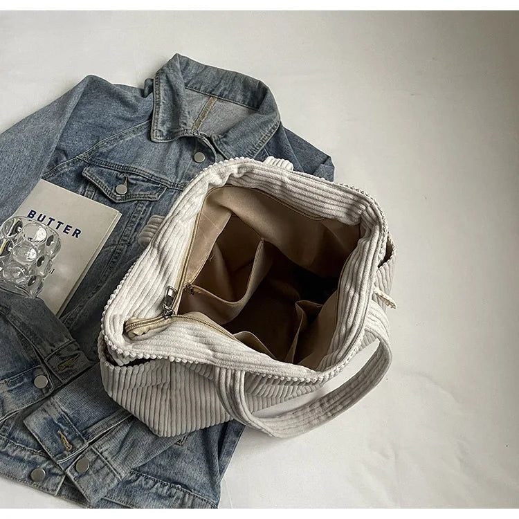 Casual Corduroy Handbag with Zipper Closure Light and Large Capacity Fixed Shoulder Strap Solid Color Daily Commuter Handbag